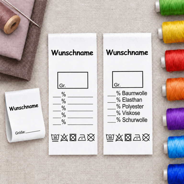 Wunschname-Etiketten mit Größenfeld, Materialangaben und fünf Pflegesymbolen