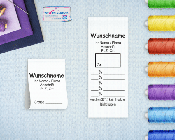 Gewerbe Textiletikett Universal mit Wunschname Pflegesymbole in Textform GT001GT002