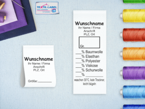 Gewerbe Textiletiketten Universal mit Wunschname Pflegesymbole in Textform