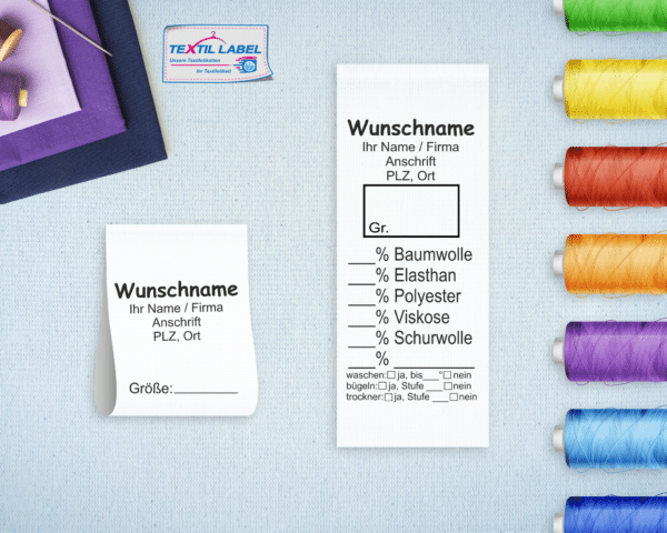 Gewerbe Textiletiketten Universal mit Wunschname Pflegesymbole in Textform Universell UT017 UT018