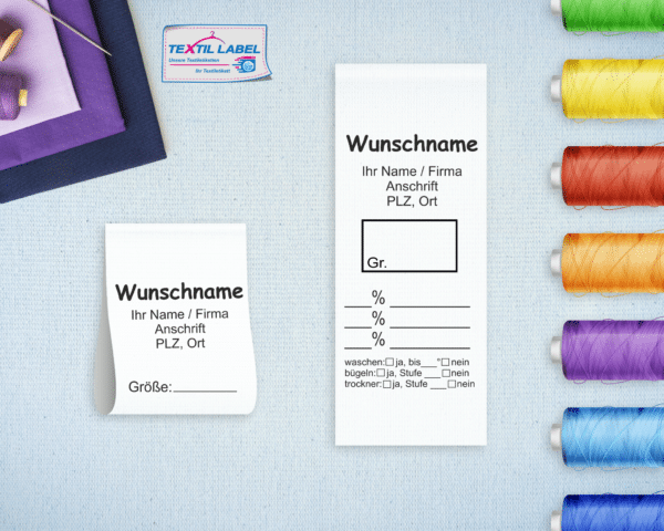 Gewerbe Textiletikett Universal mit Wunschname Pflegesymbole in Textform Universell UT015016