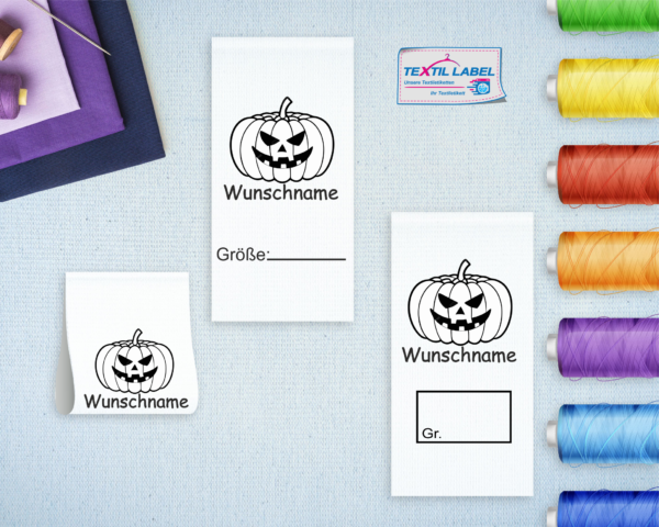 Namensetiketten mit Größenfeld und Halloween Kürbis und Wunschnamen S007008