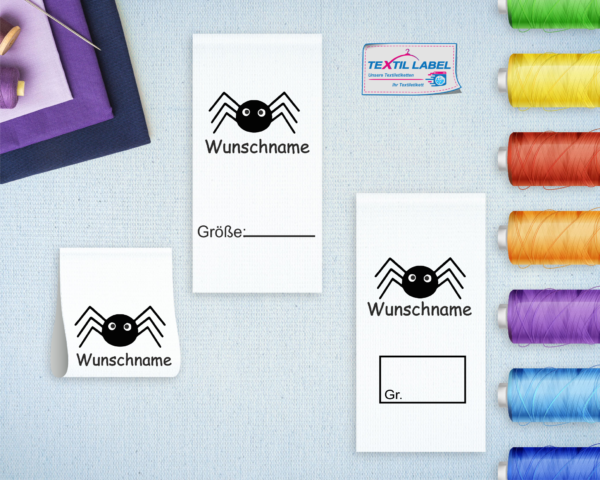 Namensetiketten mit Größenfeld und Halloween Spinne Wunschnamen S042043