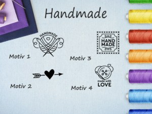 Gewerbe Textiletikett Universal mit Handmademotive Pflegesymbole in Textform Universell