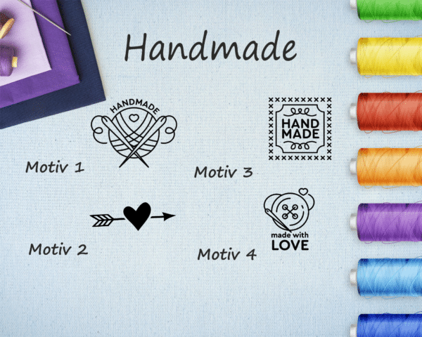 Gewerbe Textiletikett Universal mit Handmademotive Pflegesymbole in Textform Universell