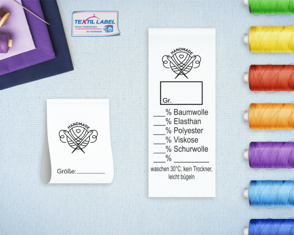Textiletikett Universal mit Handmademotive Pflegesymbole in Textform Universell