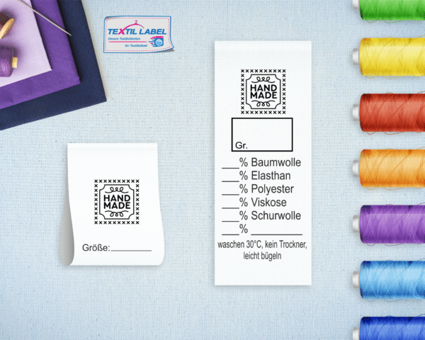 Textiletikett Universal mit Handmademotive Pflegesymbole in Textform Universell