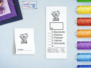 Textiletikett Universal mit Handmademotive Pflegesymbole in Textform Universell