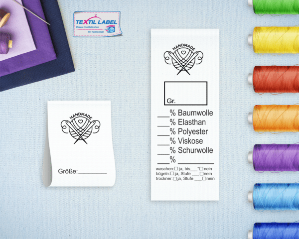 Textiletikett Universal mit Handmademotive Pflegesymbole in Textform Universell