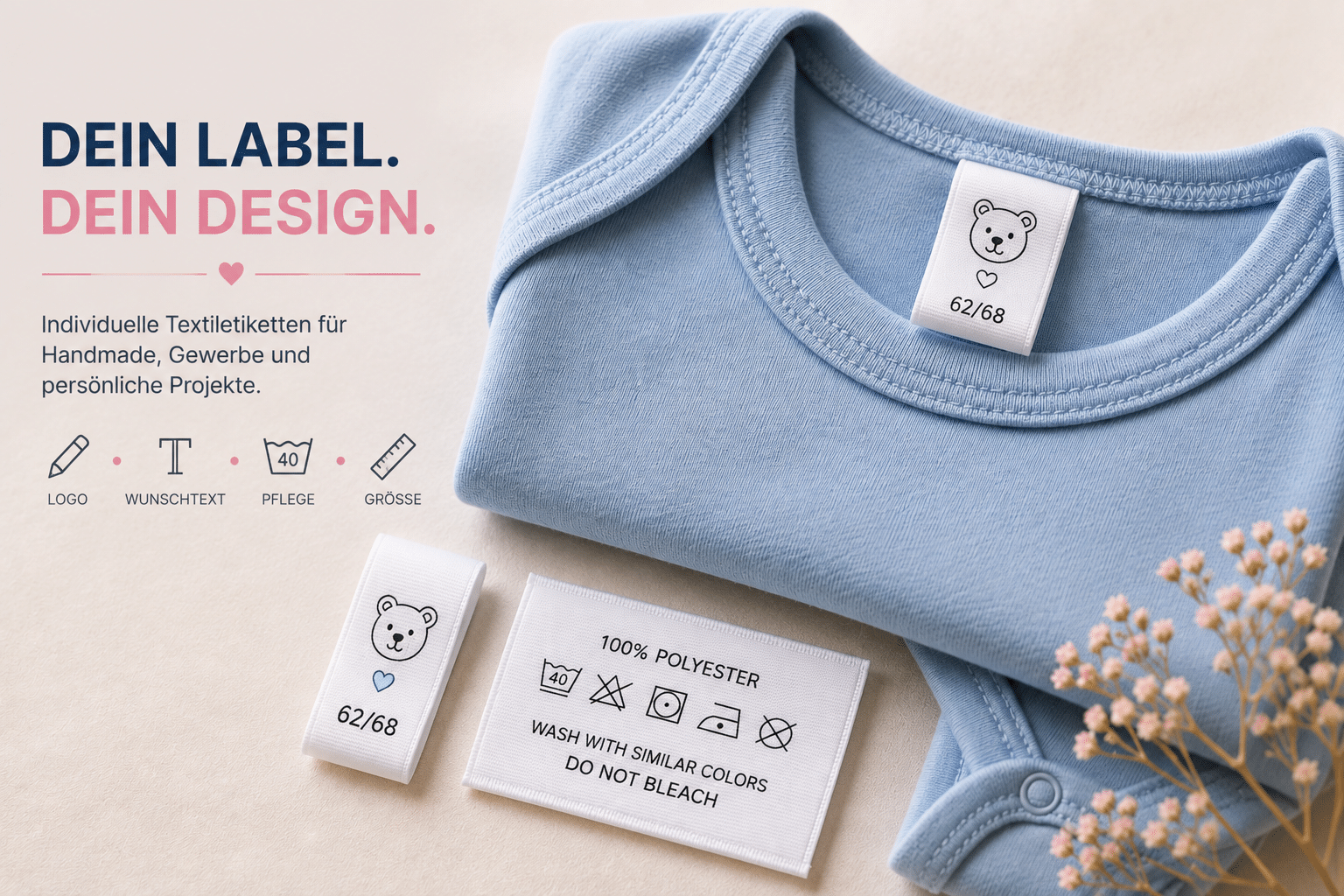 Individuell gestaltete Textiletiketten mit Logo, Größenangabe und Pflegehinweisen