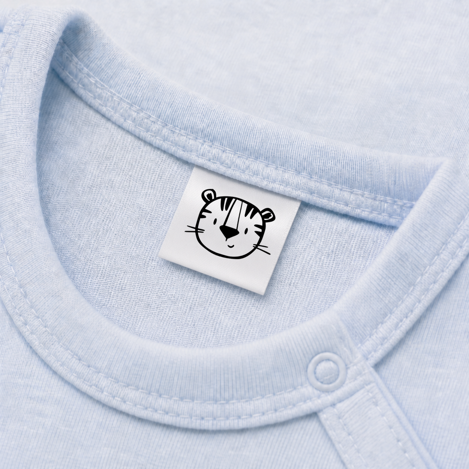 Textiletiketten mit Tiger Motiv zur Größenbeschriftung, Motiv von Näherei-Löwenjunges 5 Eingenähtes Polyester-Satinetikett mit Motiv Tiger in einem hellblauen Babybody