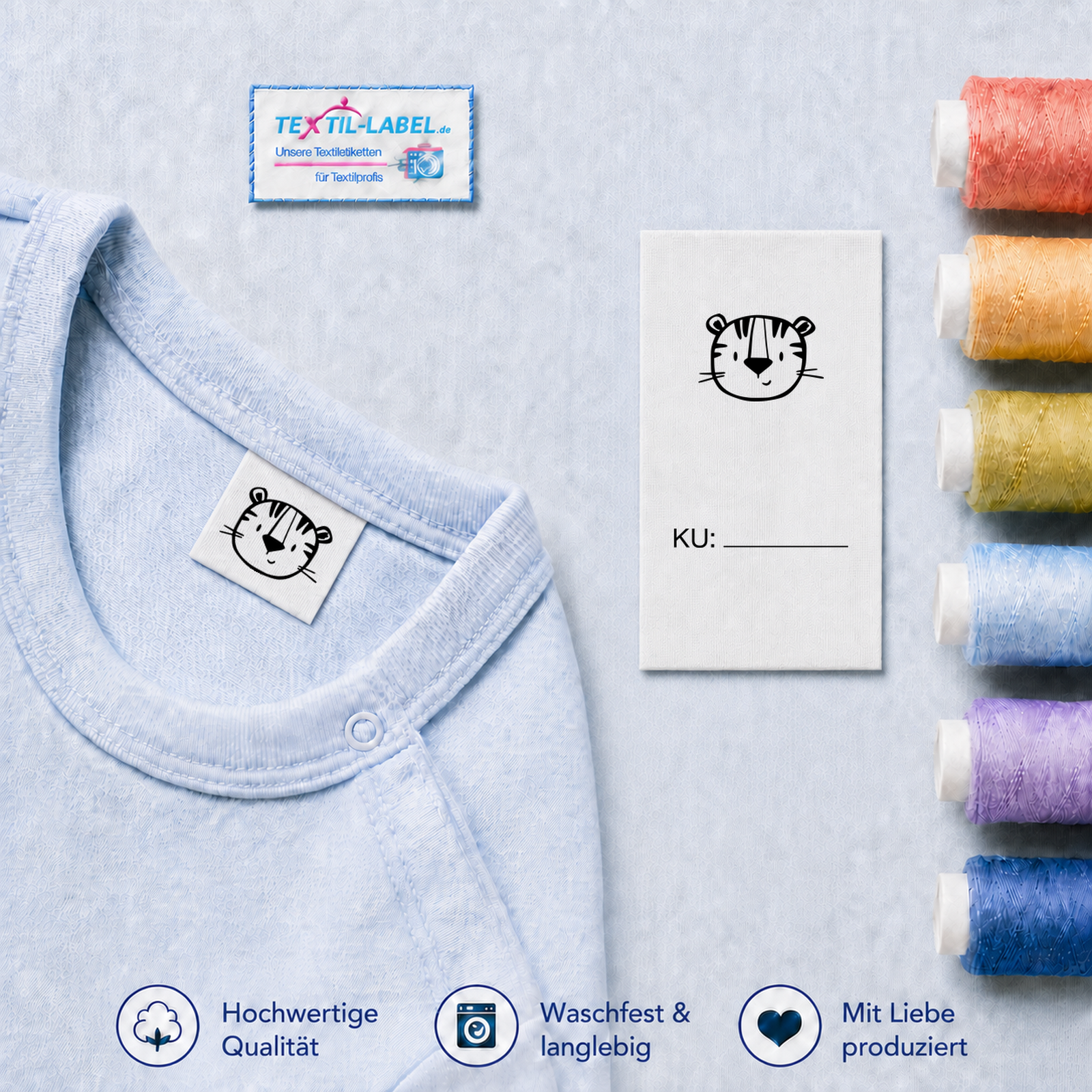 Textiletiketten mit Tiger Motiv zur Größenbeschriftung, Motiv von Näherei-Löwenjunges 4 Textiletiketten mit Tiger Motiv zur Größenbeschriftung, Motiv von Näherei-Löwenjunges · KU mit Linie