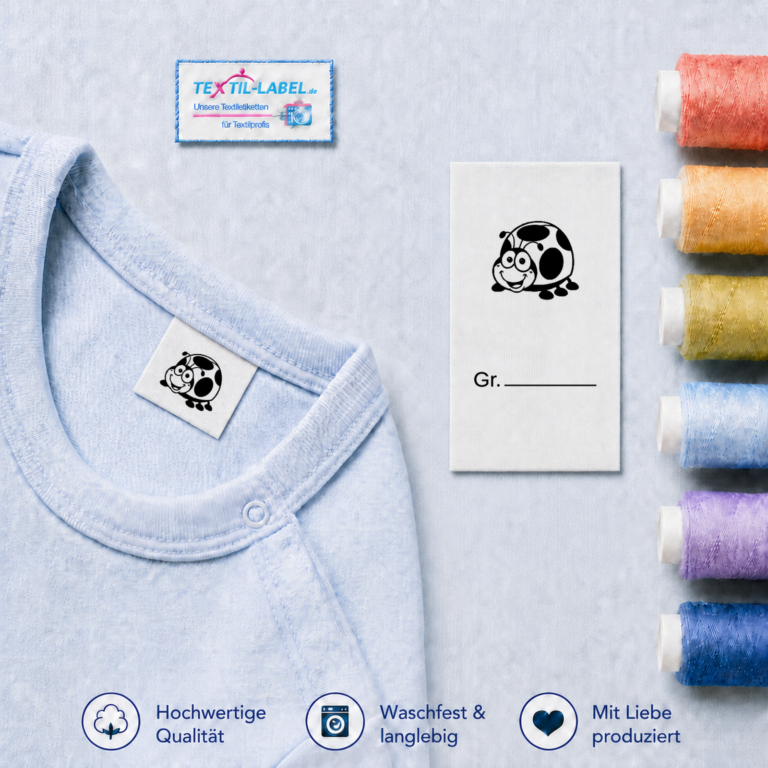 Textiletiketten für Größenbeschriftung mit Marienkäfer Motiv und Größenfeld