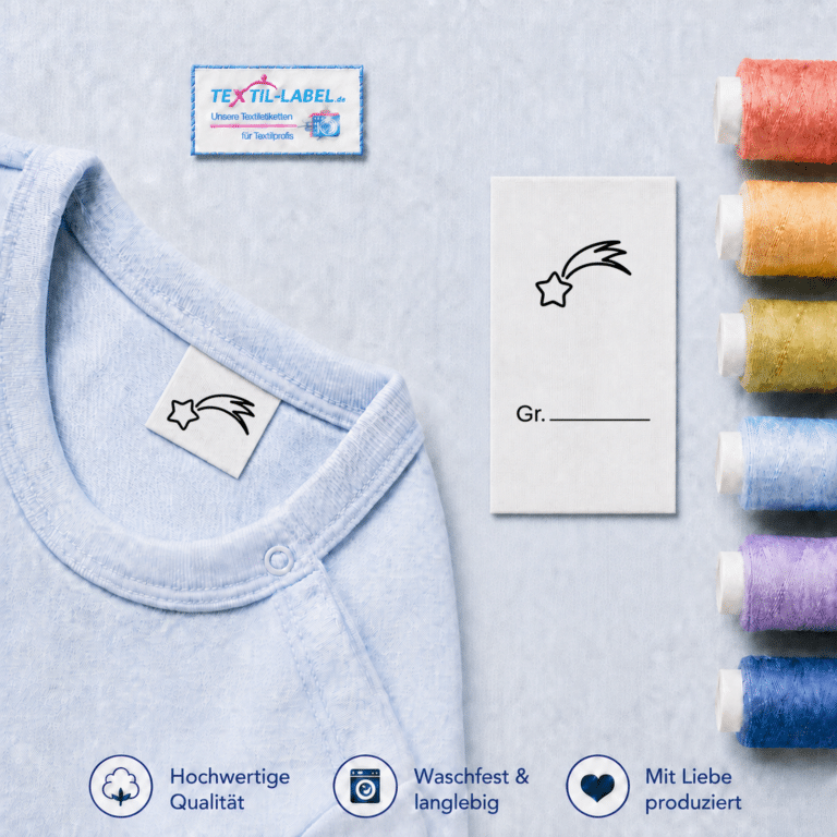 Textiletiketten für Größenbeschriftung mit Sternschnuppe Motiv und Größenfeld