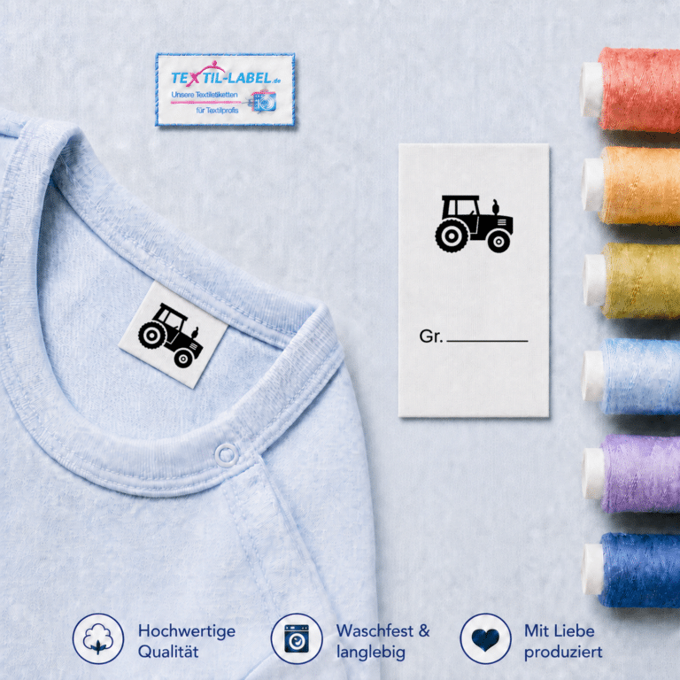 Textiletiketten für Größenbeschriftung mit Traktor Motiv und Größenfeld