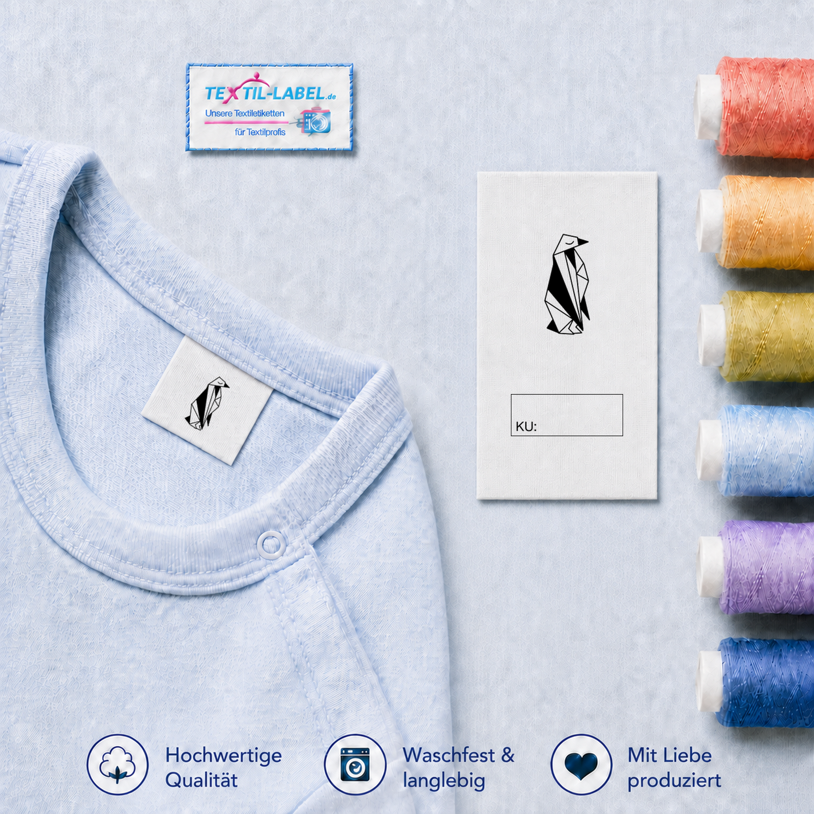 Origami Textiletiketten Universal mit Größenfeld Origami Tiere 27 M6 Penguin · KU mit Kasten
