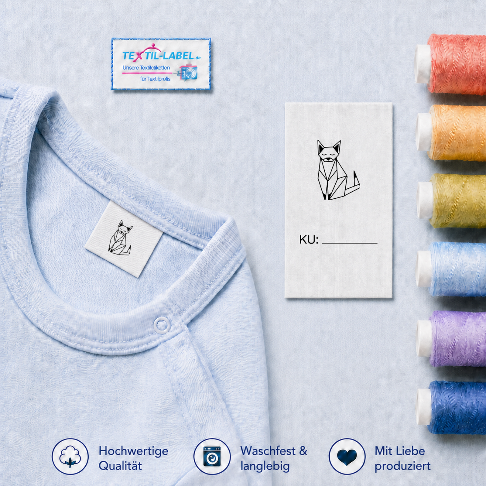 Origami Textiletiketten Universal mit Größenfeld Origami Tiere 8 M1 Fox · KU mit Linie