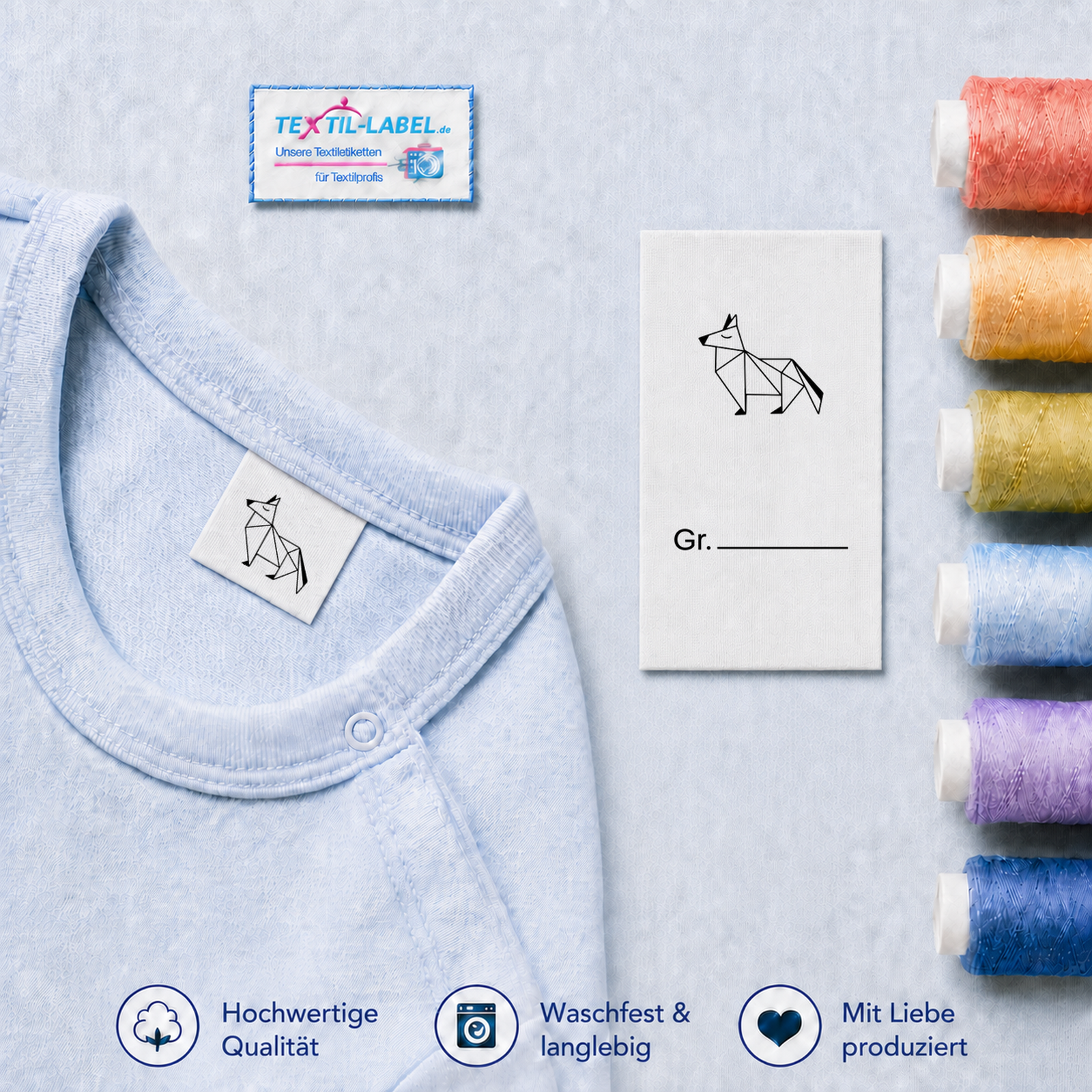 Origami Textiletiketten Universal mit Größenfeld Origami Tiere 21 M5 Dog · Gr. mit Linie