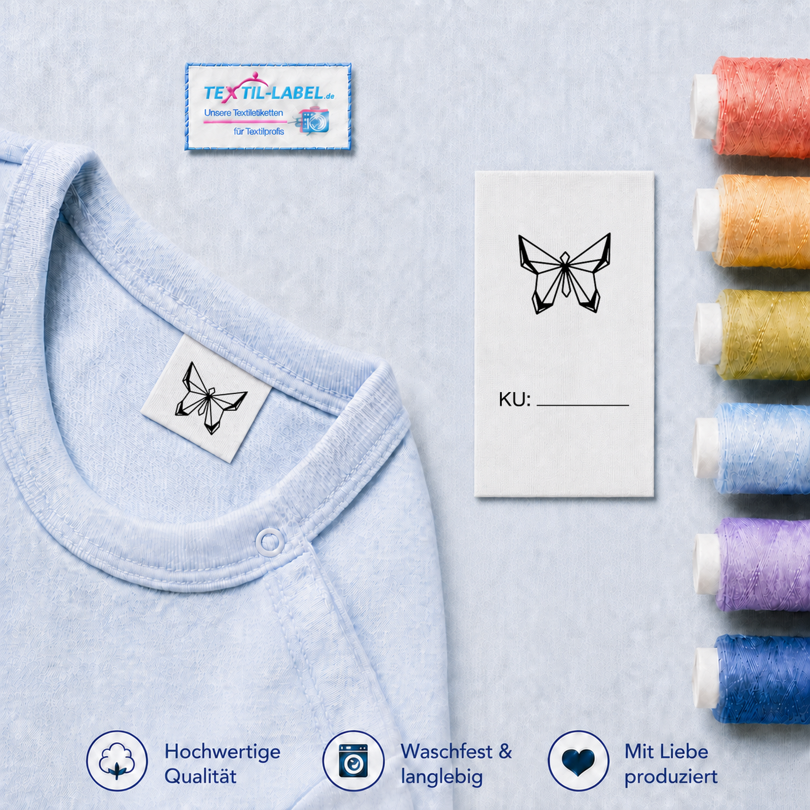 Origami Textiletiketten Universal mit Größenfeld Origami Tiere 12 M2 Butterfly · KU mit Linie
