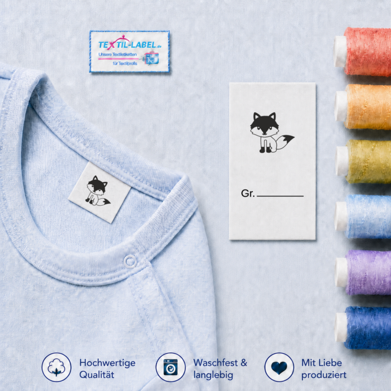Textiletiketten für Größenbeschriftung Fuchs mit Motiv und Größenfeld
