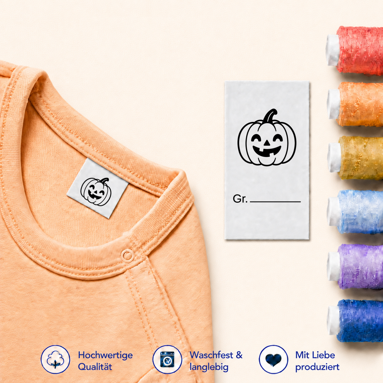 Halloween-Textiletiketten mit Größenfeld – 7 Motive 29 Kürbis · Gr. mit Linie
