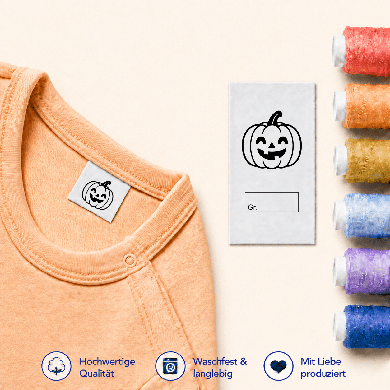 Halloween-Textiletiketten mit Größenfeld – 7 Motive 30 Kürbis · Gr. mit Kasten