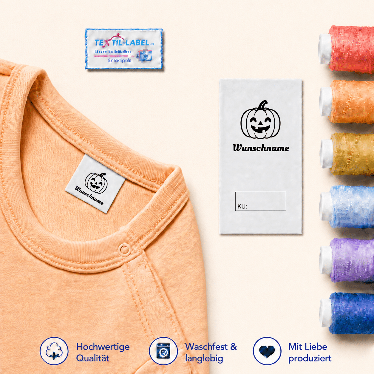 Halloween-Namensetiketten mit Wunschname und Größenfeld 3 Halloween-Namensetikett Kürbis mit Wunschname und rückseitigem Größenfeld KU mit Kasten