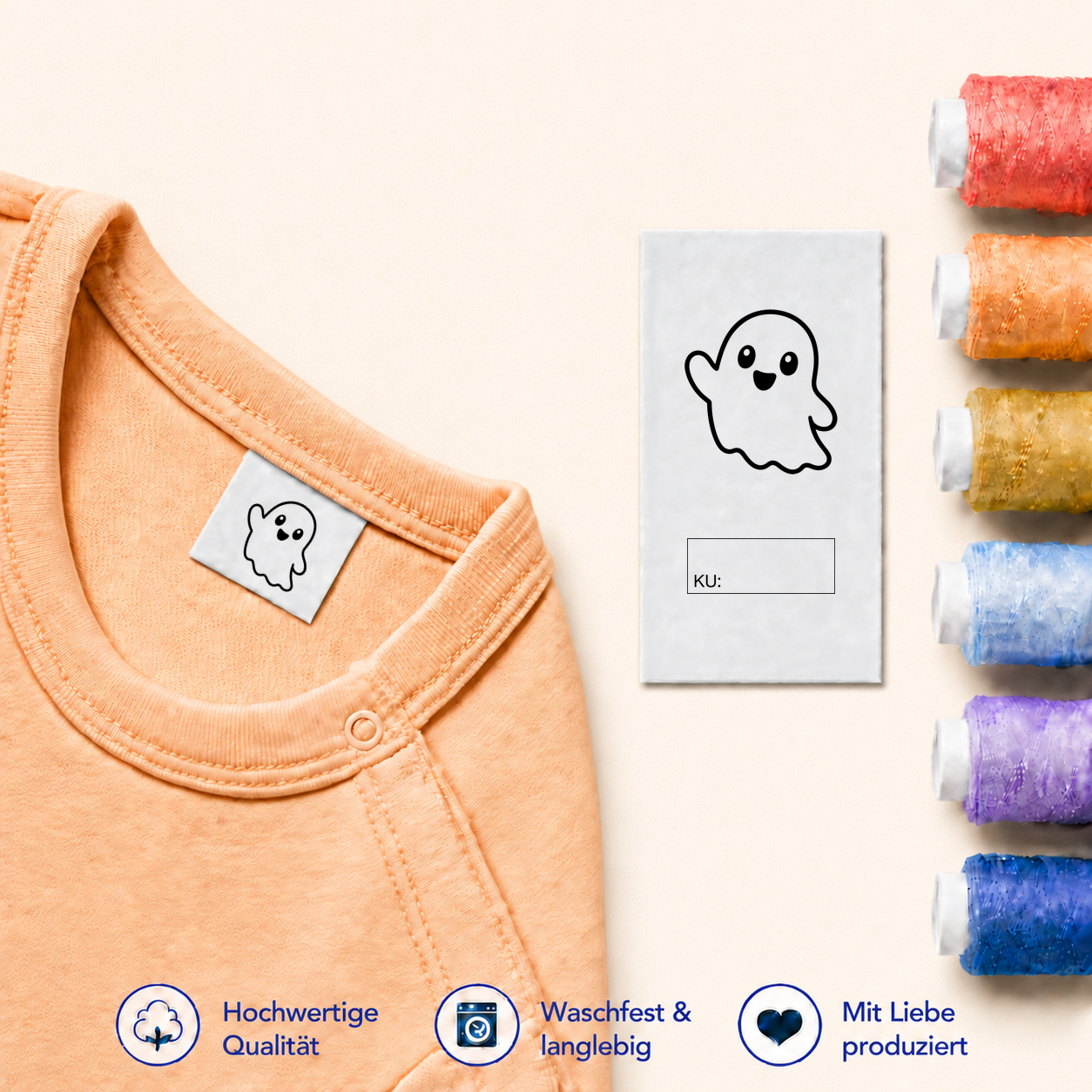 Halloween-Textiletiketten mit Größenfeld – 7 Motive 7 Gespenst · KU mit Kasten