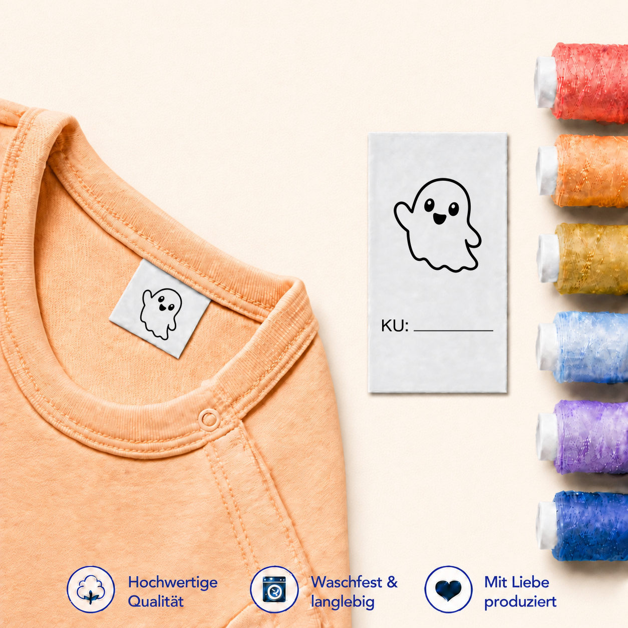 Halloween-Textiletiketten mit Größenfeld – 7 Motive 8 Gespenst · KU mit Linie