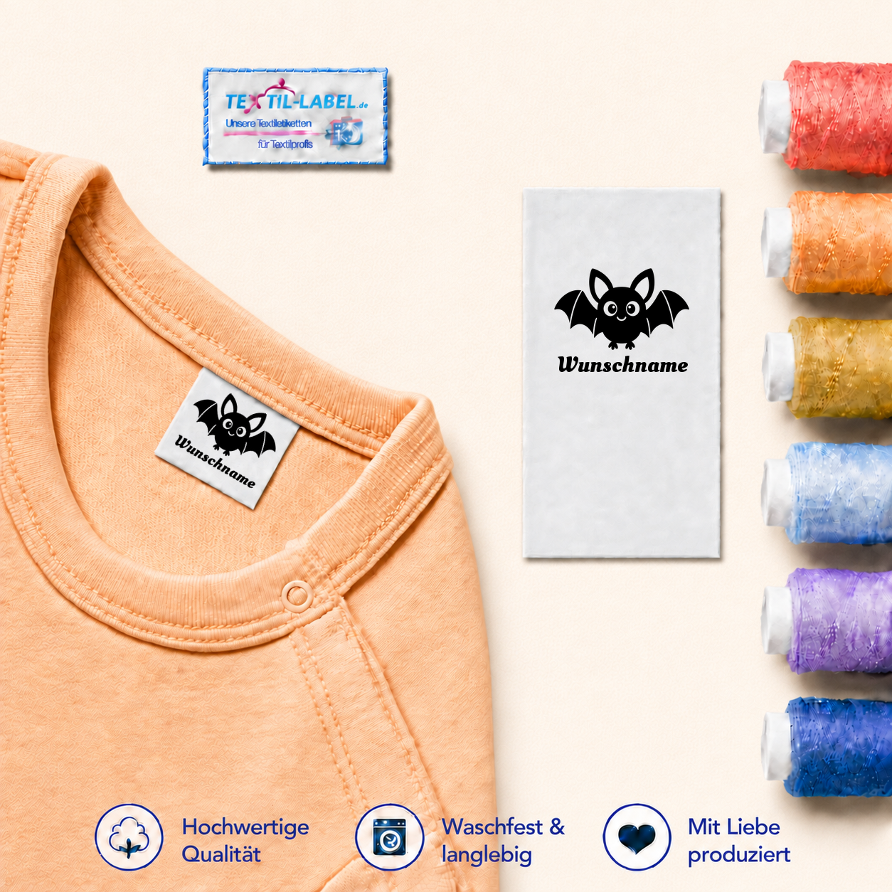 Namensetiketten mit Halloween-Motiven und Wunschname 5 Namensetikett mit Halloween-Motiv Fledermaus und Wunschname neben einem orangefarbenen Body