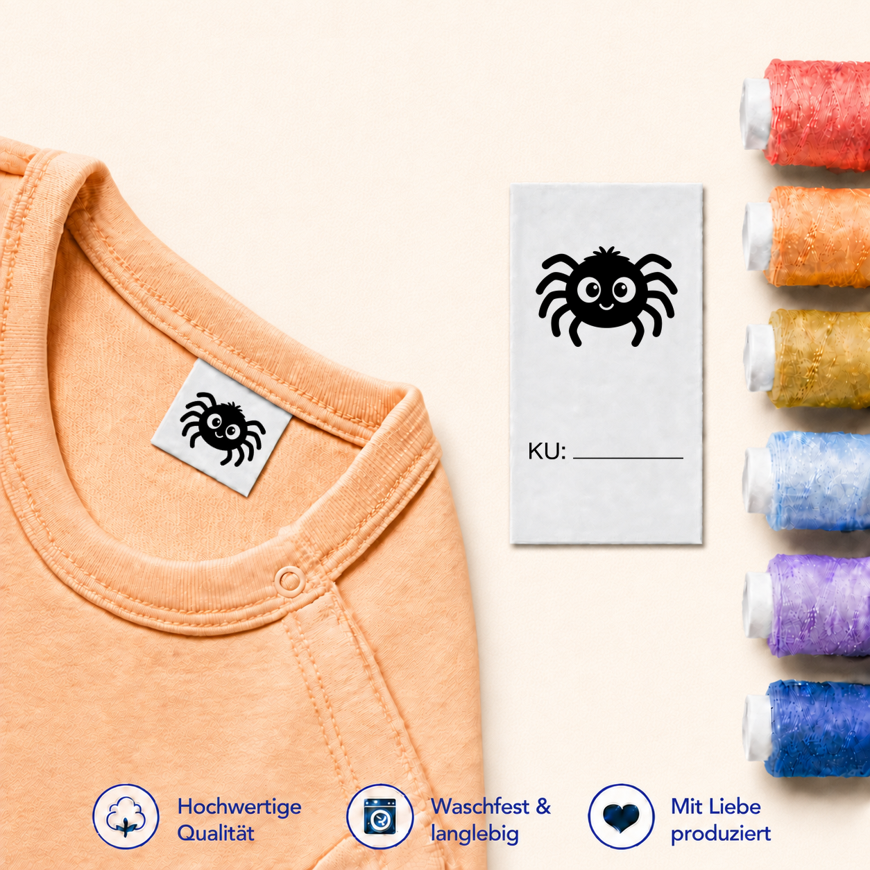 Halloween-Textiletiketten mit Größenfeld – 7 Motive 20 Spinne · KU mit Linie