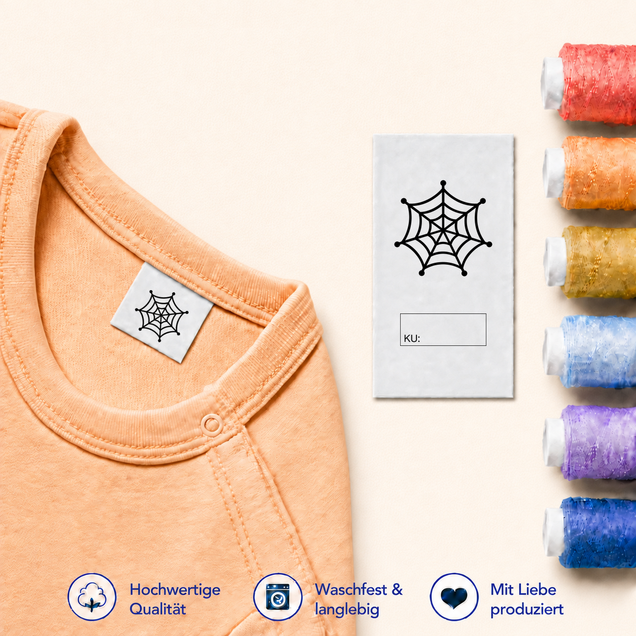 Halloween-Textiletiketten mit Größenfeld – 7 Motive 23 Spinnennetz · KU mit Kasten