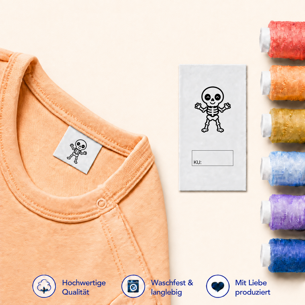 Halloween-Textiletiketten mit Größenfeld – 7 Motive 27 Skelett · KU mit Kasten