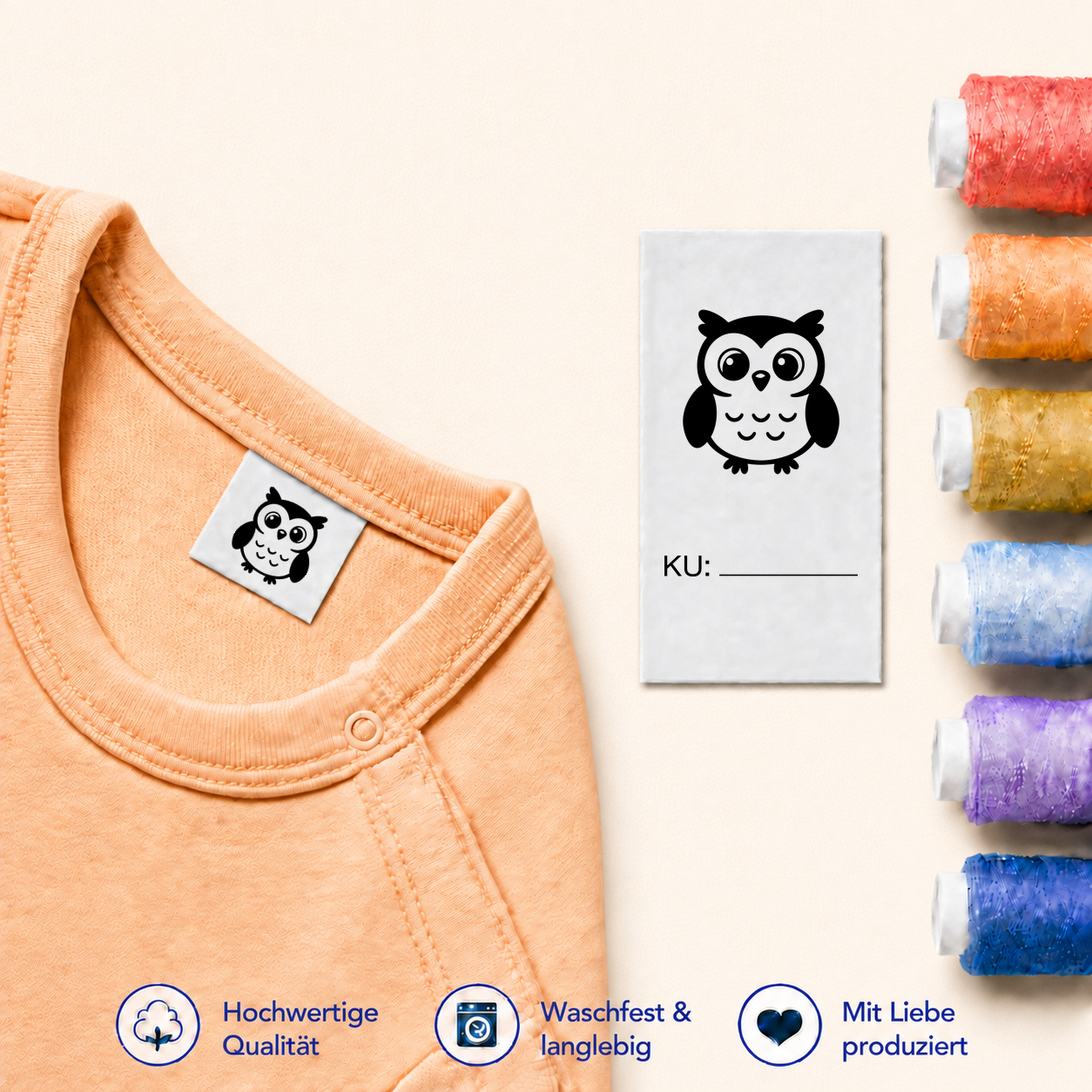 Halloween-Textiletiketten mit Größenfeld – 7 Motive 12 Eule · KU mit Linie
