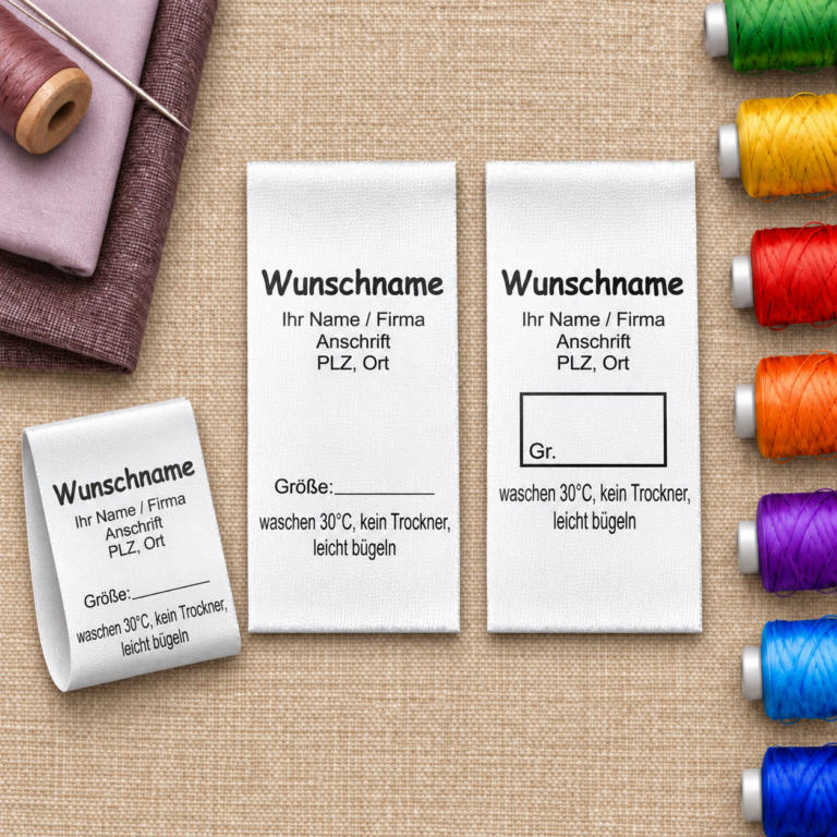 Gewerbe-Textiletiketten mit Wunschname, Gewerbeadresse, darunterliegendem Größenfeld und Pflegehinweisen