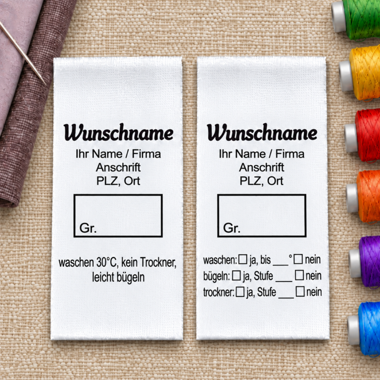 Gewerbe-Textiletiketten – Größenfeld unter der Gewerbeadresse