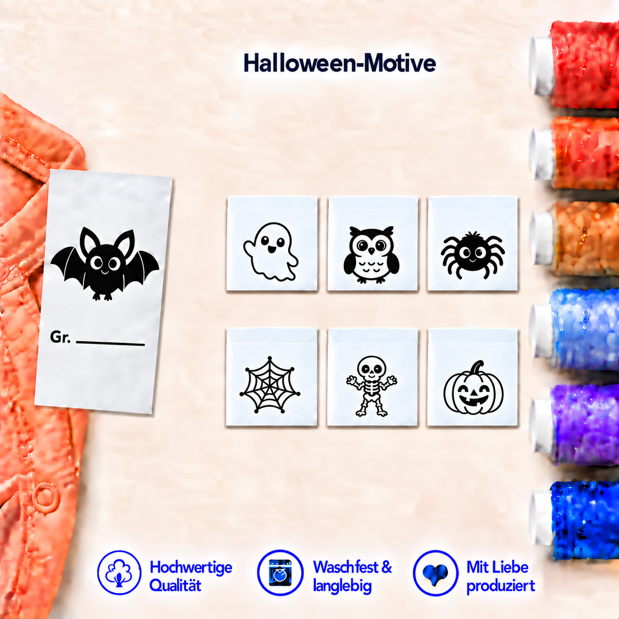 Halloween-Textiletiketten mit Größenfeld – 7 Motive 1 Halloween-Größenetiketten mit Fledermaus und sechs quadratischen Motivbeispielen mit Abstand zur Oberkante