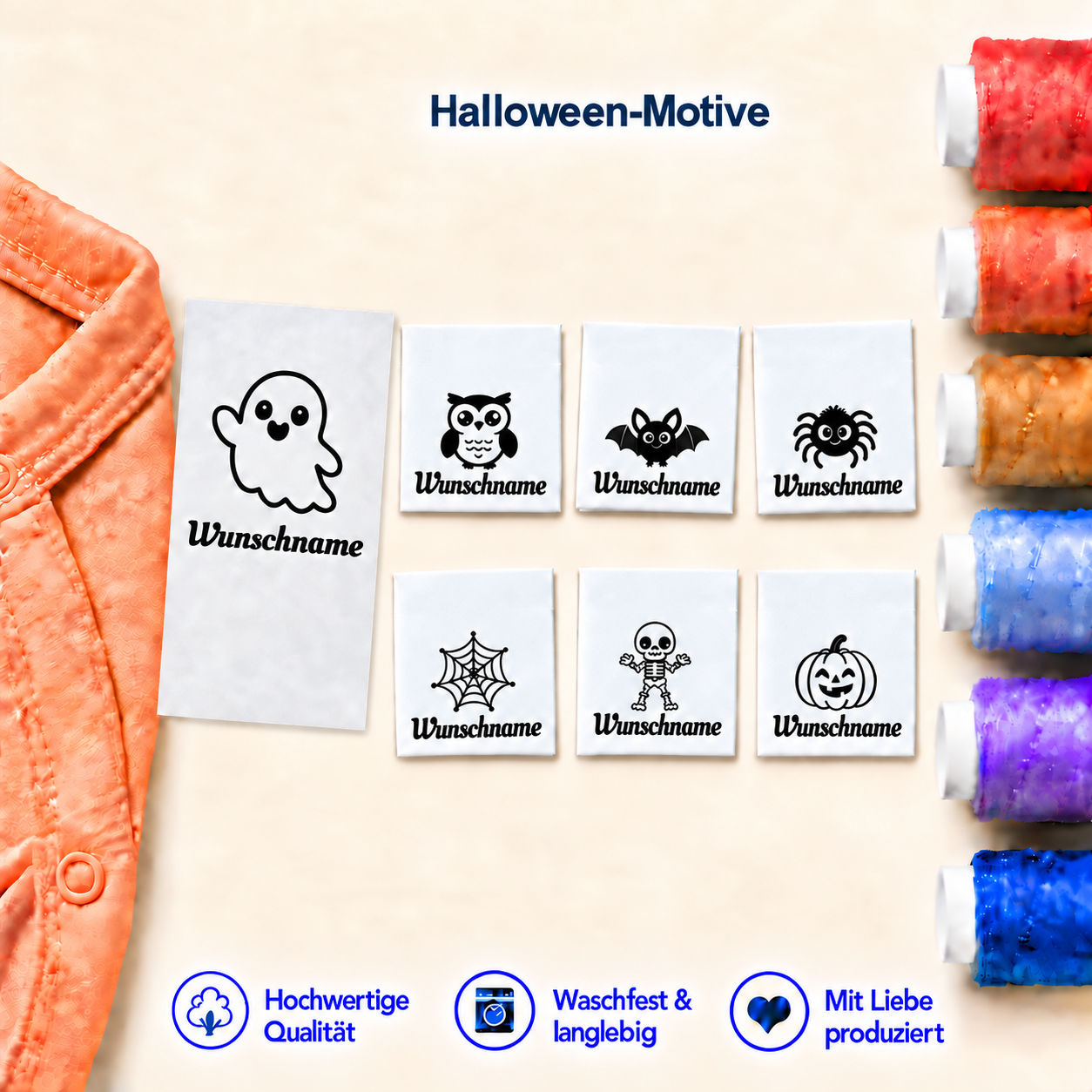 Namensetiketten mit Halloween-Motiven und Wunschname 1 Halloween-Namensetiketten mit Gespenst und sechs Motivbeispielen ohne abstehende Falte
