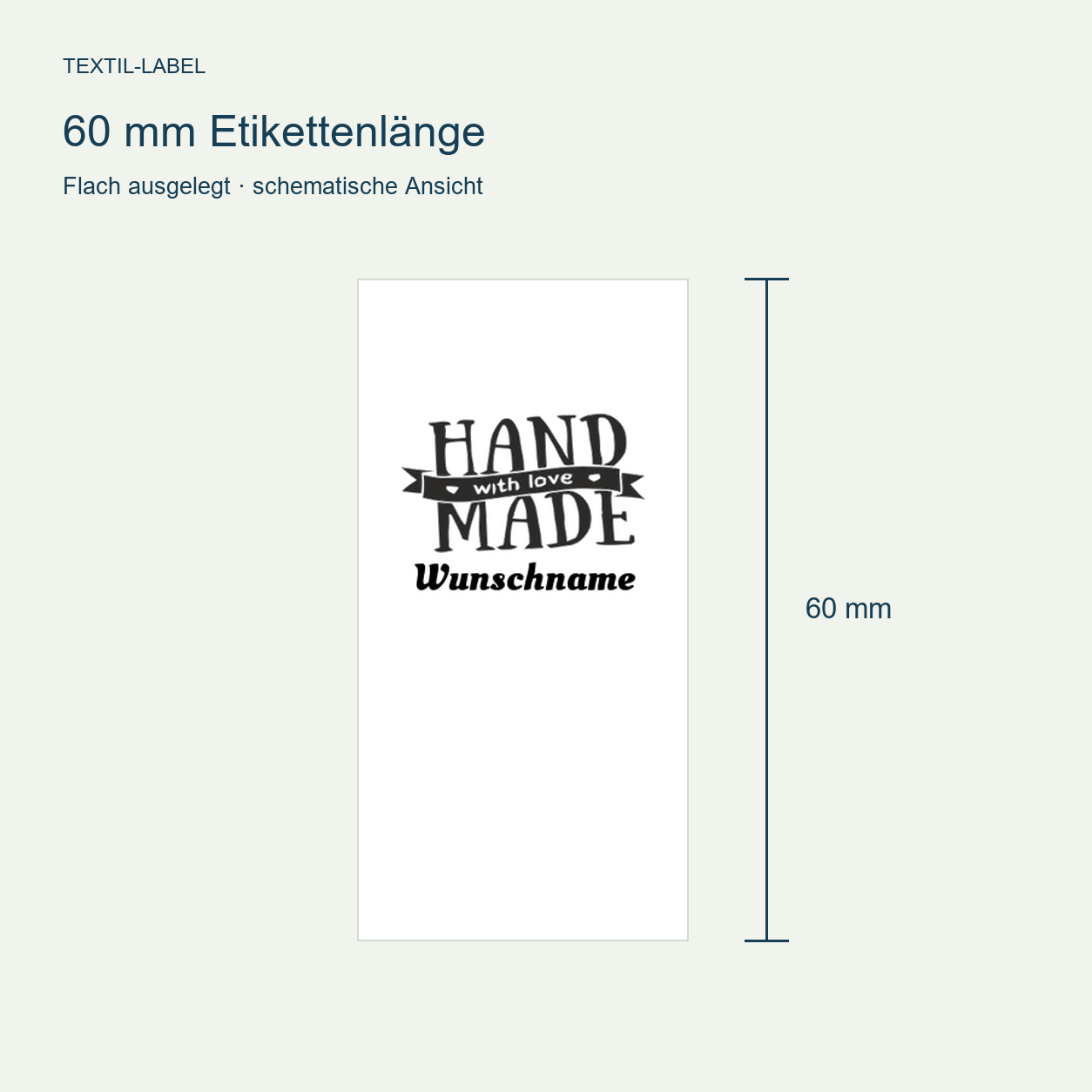 Individuelle Textiletiketten mit Handmade with Love Fahne Motiv und Wunschnamen Namensetiketten 4 Längenübersicht 60 mm