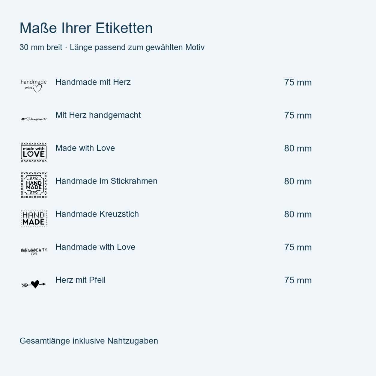 Textiletiketten Handgemacht universal, zum ausfüllen 4 Etikettenmaße