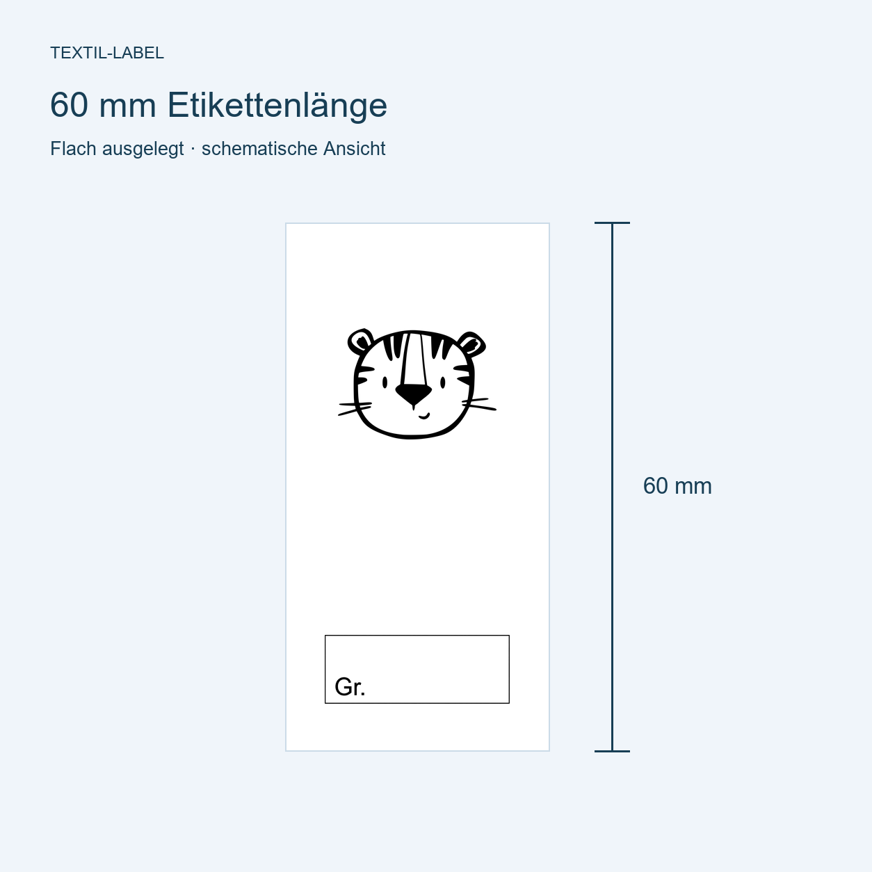 Textiletiketten mit Tiger Motiv zur Größenbeschriftung, Motiv von Näherei-Löwenjunges 7 Längenübersicht 60 mm