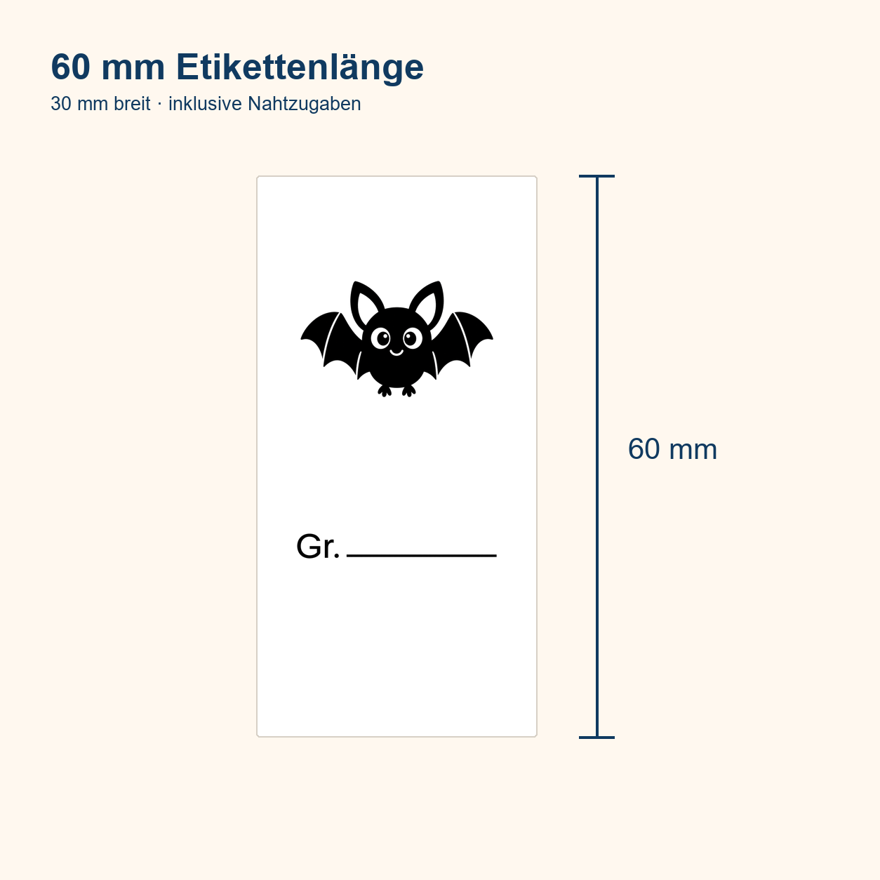 Halloween-Textiletiketten mit Größenfeld – 7 Motive 2 Etikettenlänge 60 mm mit Nahtzugabe