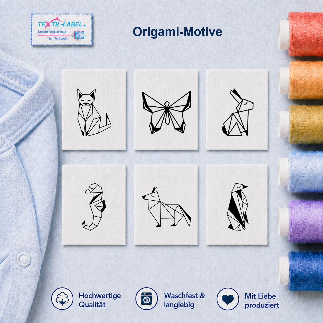 Origami Textiletiketten Universal mit Größenfeld Origami Tiere 1 Origami Animals – Motivübersicht