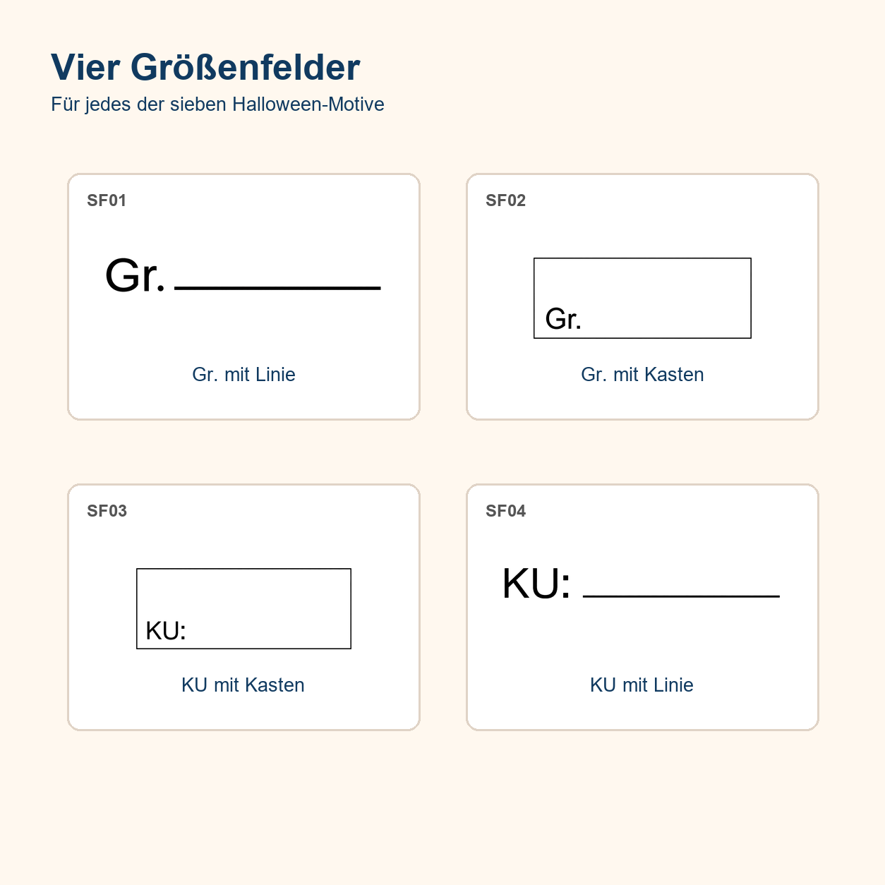 Halloween-Textiletiketten mit Größenfeld – 7 Motive 3 Vier Größenfeldvarianten