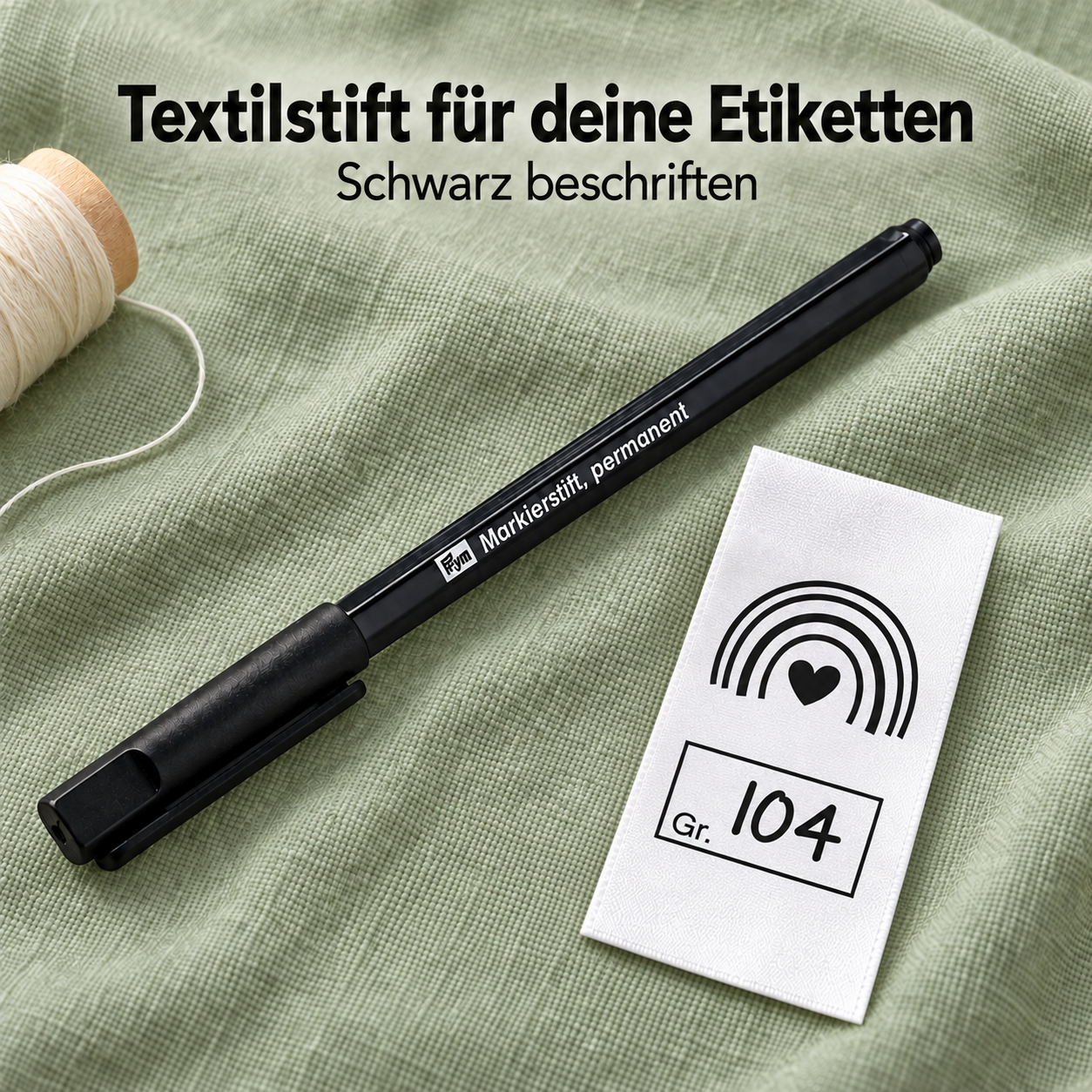 Schwarzer Prym-Textilstift neben einem Regenbogen-Textiletikett mit Größenfeld auf salbeigrünem Stoff