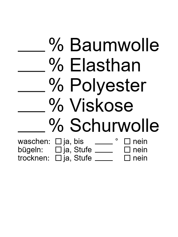 Etikettenrückseite mit Materialangaben und Pflegehinweisen