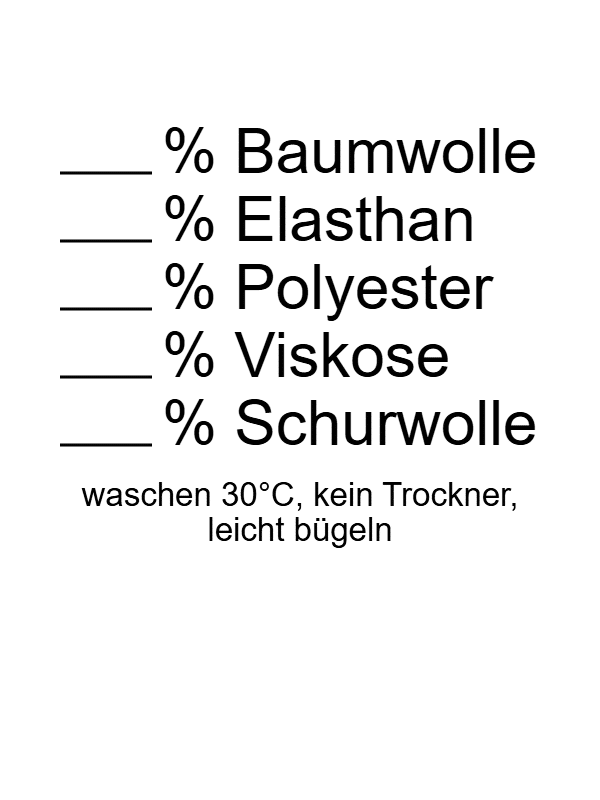 Etikettenrückseite mit Materialangaben und Pflegehinweisen