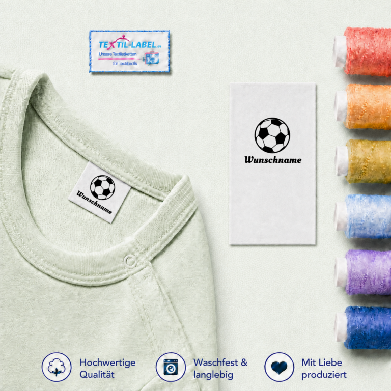 Textiletiketten mit Fußball Motiv und Wunschnamen Namensetiketten – Beispielname Wunschname