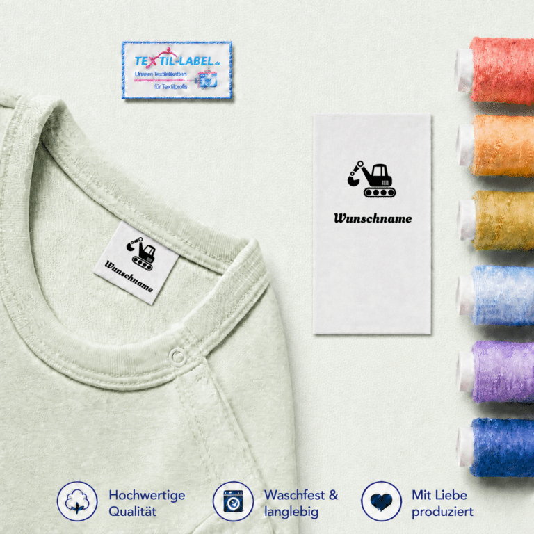 Textiletiketten mit Bagger Motiv und Wunschnamen Namensetiketten – Beispielname Wunschname