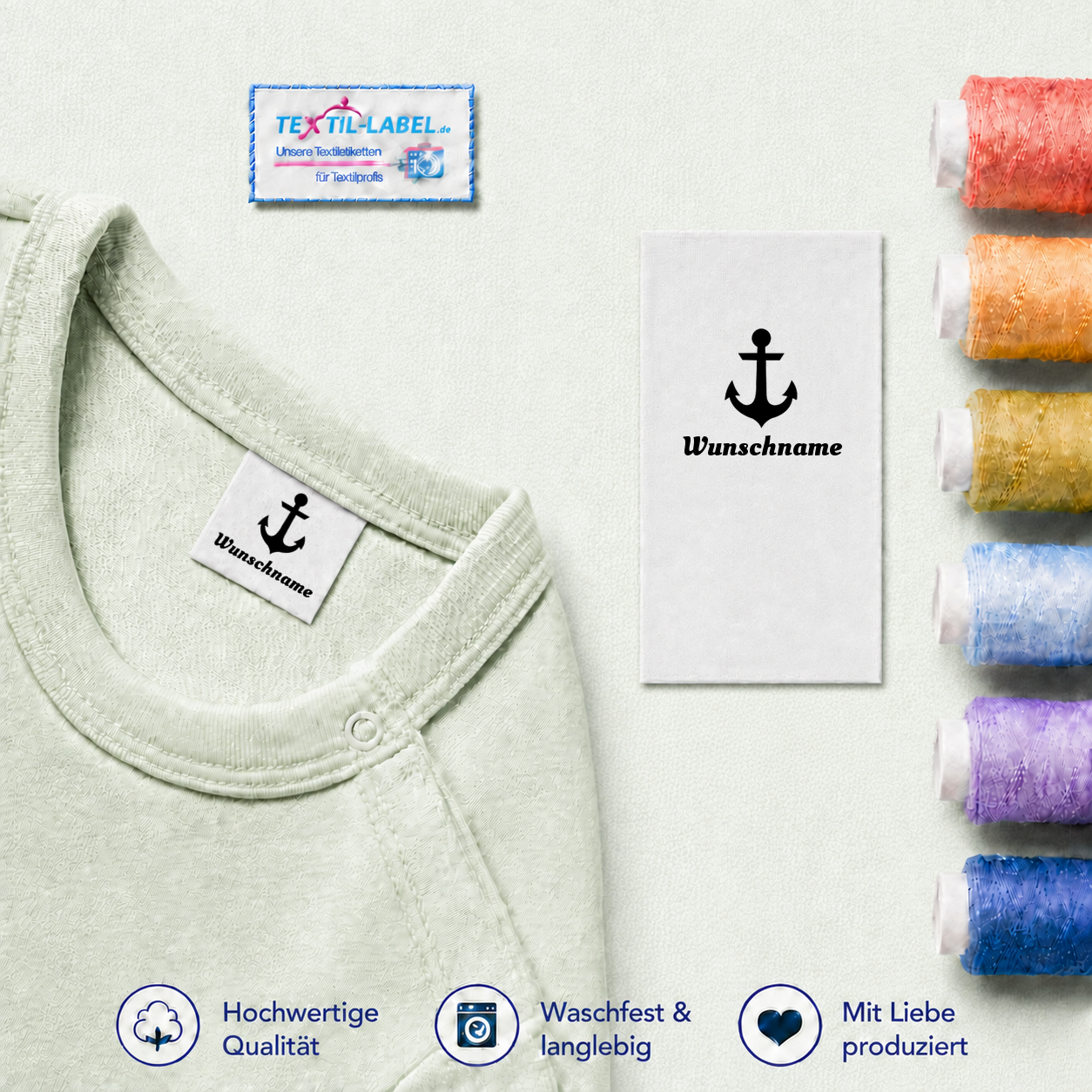 Textiletiketten mit Anker Motiv und Wunschnamen Namensetiketten – Beispielname Wunschname